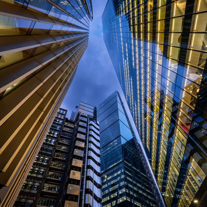 View looking up at skyscraper office buildings
